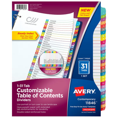 Avery 1-31 Tab Dividers for 3 Ring Binders, Customizable Table of Contents, Multicolor Tabs, 1 Set (11846)